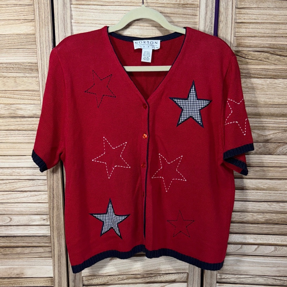 Norton Studio Short Sleeve Sweater Red White Blue Star  Button Down Cardigan XL